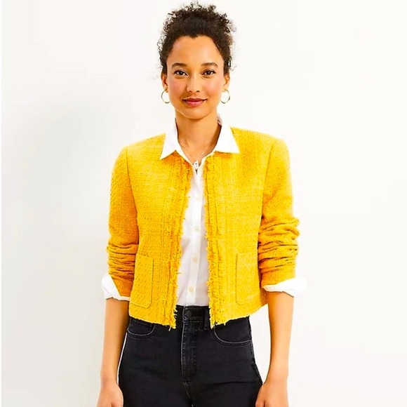LOFT Frayed Tweed Crop Jacket Blazer, Marigold Butter Yellow, Size XS - Picture 2 of 13